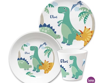 Children's tableware with name, children's gift personalized, gift baptism birth, first birthday, children's plate set melamine, dinosaur