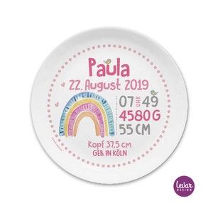 Geburtsteller, Kinderteller, Teller mit Namen personalisiert, Kindergeschirr, Geschenk Geburt, Taufe, Taufgeschirr, Taufgeschenk, BPA frei Regenbogen pink