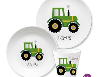 Assiette enfant avec nom, set de vaisselle enfant mélamine, cadeau enfant personnalisé, cadeau de baptême, cadeau de naissance, premier anniversaire, tracteur