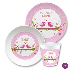 Children's plate with name, children's tableware set melamine, personalized children's gift, baptism gift, birth gift, first birthday, bird image 1