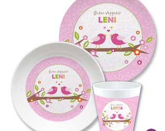 Kinderteller mit Namen, Kindergeschirr Set Melamin, personalisiertes Kindergeschenk, Taufgeschenk, Geschenk Geburt, erster Geburtstag, Vogel