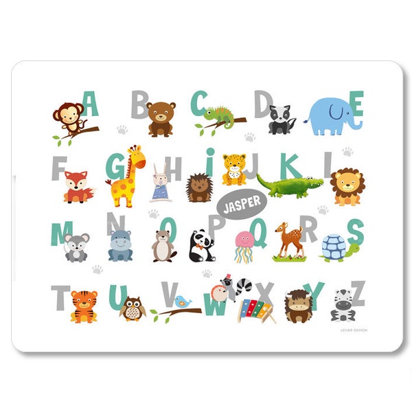 Tischset, Platzset, ABC, Alphabet Platzdeckchen mit Namen personalisiert, Zahlen, Schule, Kindergarten, Tiere, Löwe, Einschulung, abwischbar