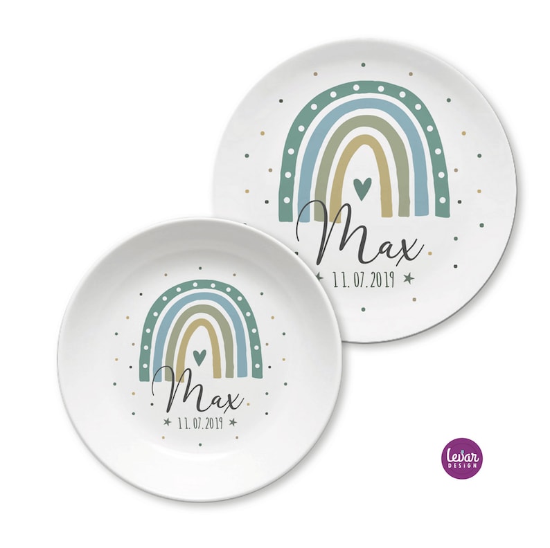Children's plate rainbow, children's tableware, birth plate personalized with name, baptism plate, baptism gift, birth gift, baptism, melamine mint