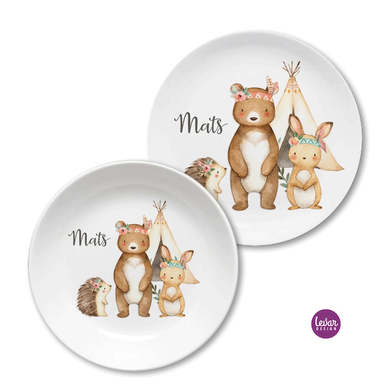 Kinderteller mit Namen, Kindergeschenk personalisiert, Geschenk Taufe Geburt, erster Geburtstag, Kindergeschirr Set Melamin, Igel Waldtiere Igel