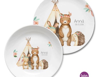 Children's crockery, children's plate with name, personalized, christening gift, birth gift, children's crockery set melamine, forest animals, name