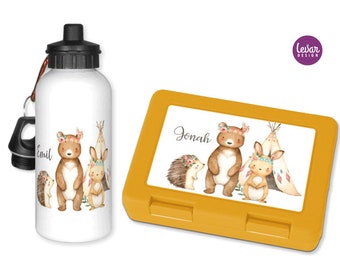 Lunch box & water bottle with name as set, school enrollment, schoolchild, school, kindergarten, kindergarten, forest animals, Woodland, gift personalized