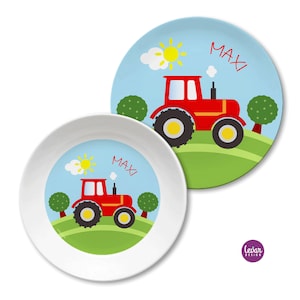 Children's plate personalized with name, children's gift, baptism gift, birth gift, children's tableware BPA free, first birthday tractor image 2