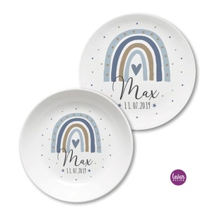 Children's plate rainbow, children's tableware, birth plate personalized with name, baptism plate, baptism gift, birth gift, baptism, melamine hellbl/dkl.blau