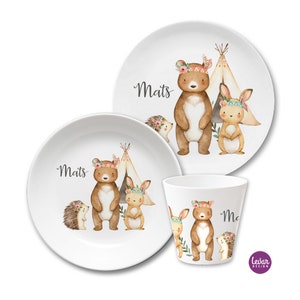 Kinderteller mit Namen, Kindergeschenk personalisiert, Geschenk Taufe Geburt, erster Geburtstag, Kindergeschirr Set Melamin, Igel Waldtiere Bild 1