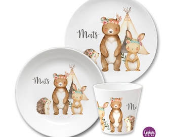 Children's plate with name, children's gift personalized, gift baptism birth, first birthday, children's tableware set melamine, hedgehog forest animals