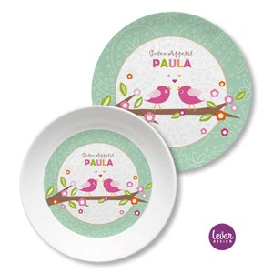 Children's plate with name, children's tableware set melamine, personalized children's gift, baptism gift, birth gift, first birthday, bird mint