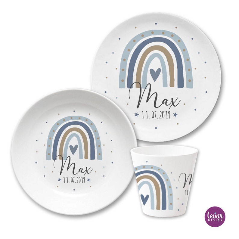 Children's plate rainbow, children's tableware, birth plate personalized with name, baptism plate, baptism gift, birth gift, baptism, melamine image 1