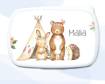 Brotdose Lunchbox mit Namen personalisierbar, Geschenk Kind Einschulung Schulanfang Kindergarten Sport Waldtiere Junge Mädchen Bär Hase Igel