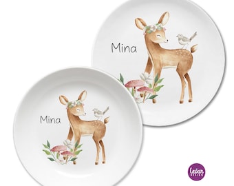 Children's plate personalized with name, BPA free, baptism gift, baptism gift, birth, children's tableware set melamine deer, first birthday