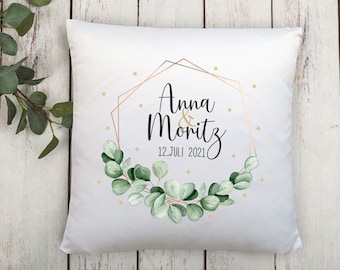 Soft pillow personalized with name, pillow with filling, eucalyptus, christening gift, wedding gift, wedding gift, newlyweds