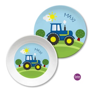 Children's plate personalized with name, children's gift, baptism gift, birth gift, children's tableware BPA free, first birthday tractor image 3