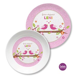 Children's plate with name, children's tableware set melamine, personalized children's gift, baptism gift, birth gift, first birthday, bird rosa