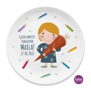 Children's plate BPA free, personalized with name, school enrollment gift, back to school, girl, boy, children's tableware melamine, school child Mädchen/blau/blond