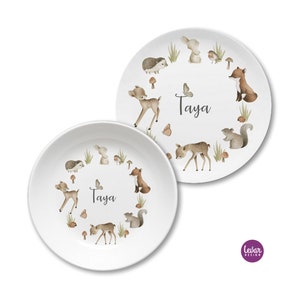 Children's crockery with name, BPA free, personalized children's plate, christening gift, birth gift, children's crockery set melamine, forest animals, name image 2