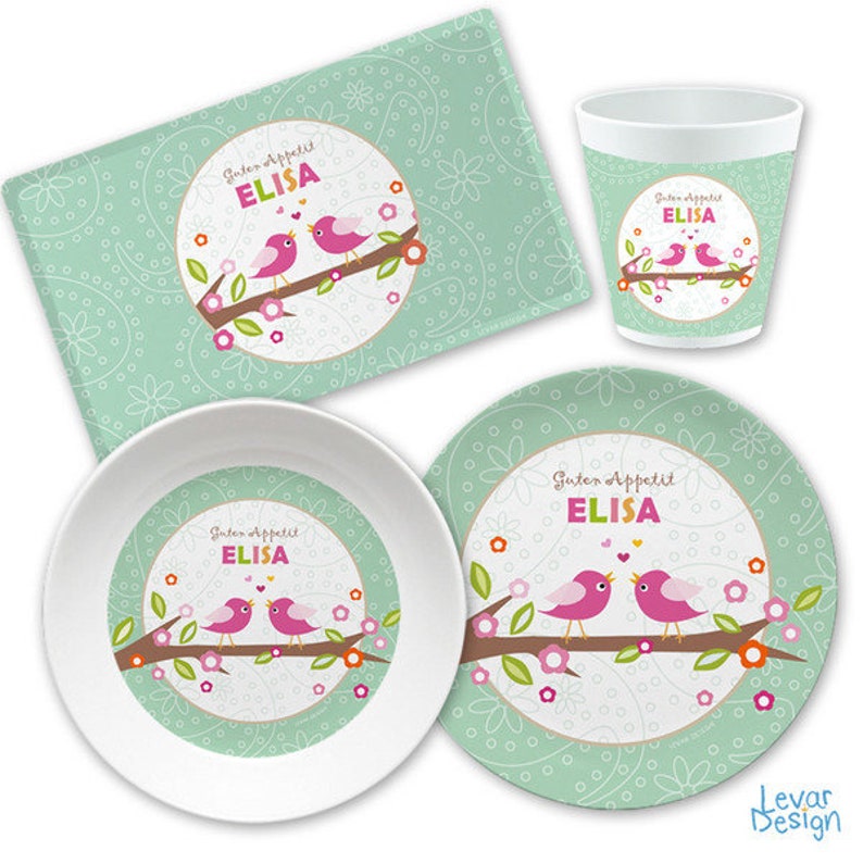 Children's plate with name, children's tableware set melamine, personalized children's gift, baptism gift, birth gift, first birthday, bird image 9