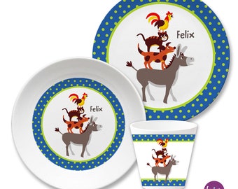 Children's plate with name, personalized, children's crockery set, baptism gift, children's gift birth, first birthday, Bremen town musicians