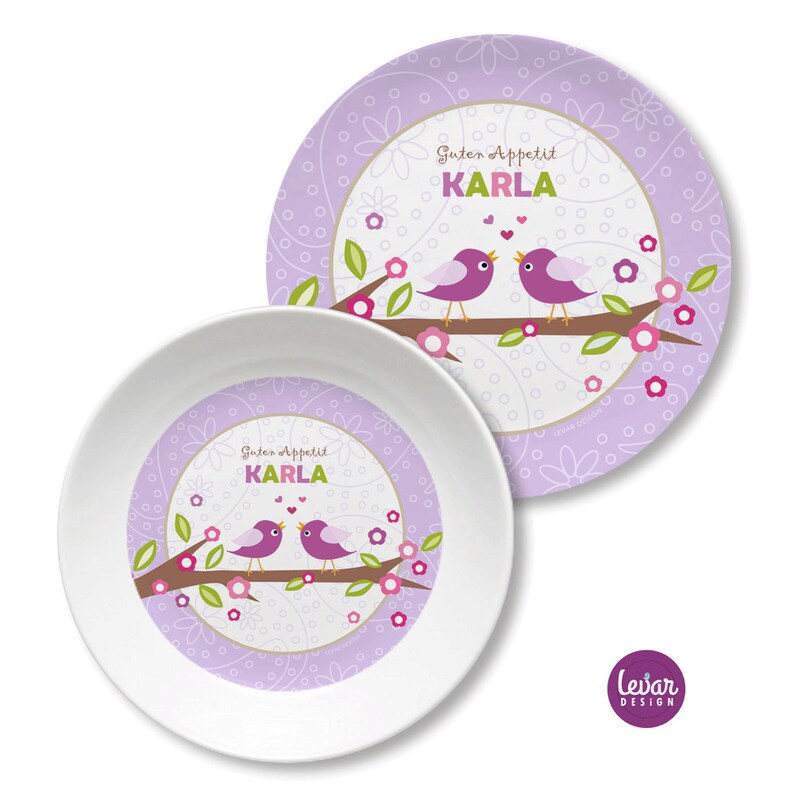 Children's plate with name, children's tableware set melamine, personalized children's gift, baptism gift, birth gift, first birthday, bird lila