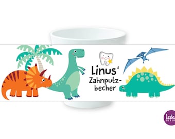 Zahnputzbecher BPA frei | Dinos |  mit Namen personalisiert für Junge Mädchen, Kindergeschirr, erster Geburtstag