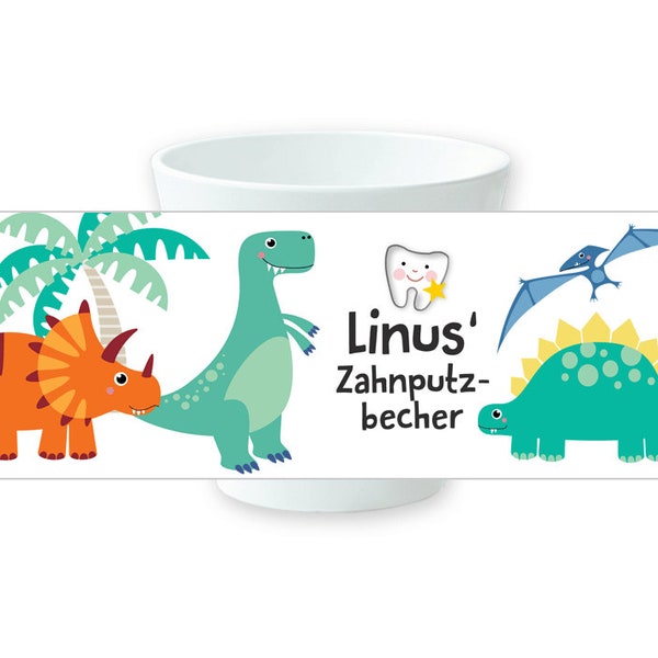 Zahnputzbecher BPA frei | Dinos |  mit Namen personalisiert für Junge Mädchen, Kindergeschirr, erster Geburtstag