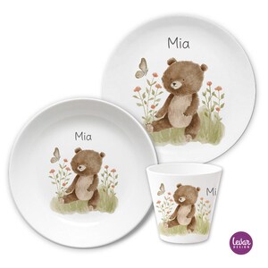 Children's plate with name, children's tableware set melamine, personalized children's gift, baptism gift, birth gift, first birthday, bear image 1