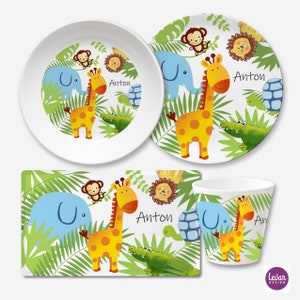 Children's plate personalized with name, christening gift, birth, first birthday, children's tableware set, children's gift, jungle, Levar design image 1