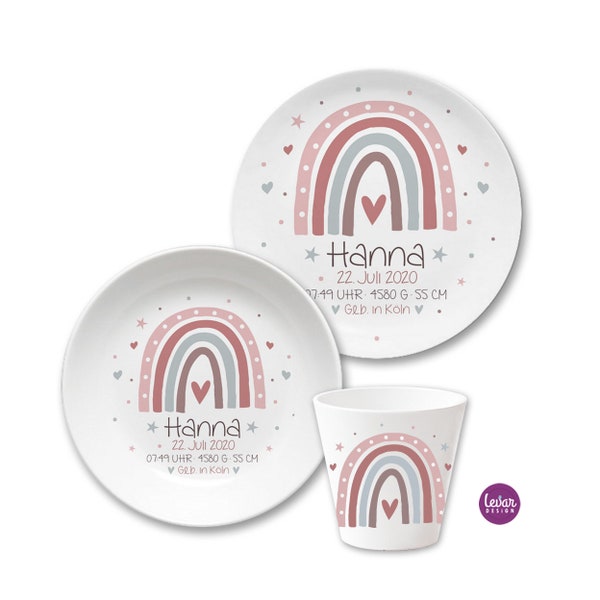 May include: A pink and white baby plate, bowl, and cup set with a rainbow design and the name "Hanna" printed on each piece. The set also includes the date "22. Juli 2020", the time "07:49 UHR", the weight "4580 G", and the place of birth "Geb. in Koln".