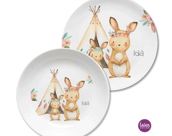 Kinderteller mit Namen, Kindergeschirr Set Melamin, personalisiertes Kindergeschenk, Taufgeschenk, Geschenk Geburt, erster Geburtstag, Hase