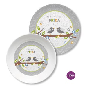 Children's plate with name, children's tableware set melamine, personalized children's gift, baptism gift, birth gift, first birthday, bird grau