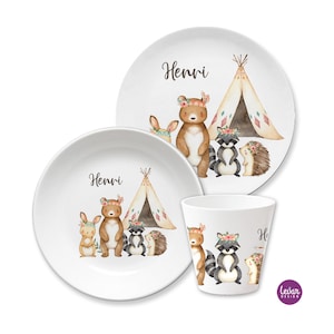 Children's plate personalized with name, children's gift, baptism gift, birth gift, children's tableware BPA free, first birthday forest animals