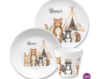 Children's plate personalized with name, children's gift, baptism gift, birth gift, children's tableware BPA free, first birthday forest animals