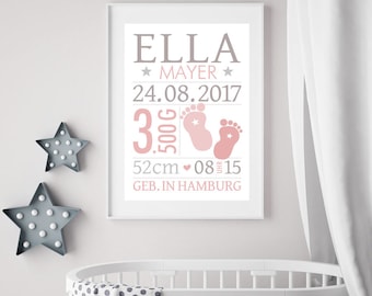 Birth announcement with name, personalized, name, baby gift for baptism, birth, baptismal gift, watercolor paper art print, baby feet