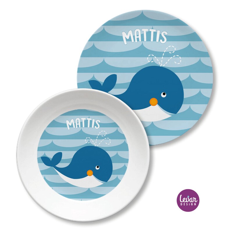 Children's plate with name, personalized, whale, sea creature, christening gift, birth gift, children's crockery set, first birthday, BPA free hellblau