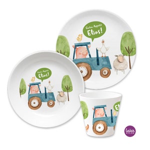 Children's plate with name, children's gift personalized, gift baptism birth, first birthday, children's tableware set melamine, farm cow