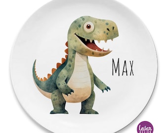 Kinderteller mit Namen, Kindergeschenk personalisiert, Geschenk Taufe Geburt, erster Geburtstag, Kindergeschirr Set Melamin, Dinosaurier