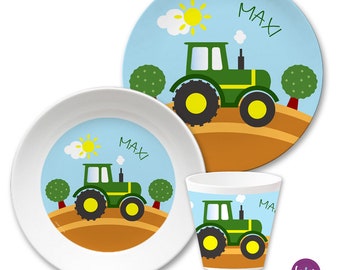Kindergeschirr, Kinderteller mit Namen personalisiert, Kindergeschenk, Taufgeschenk, Geschenk Geburt, Geschenk 1. Geburtstag, Traktor, Set