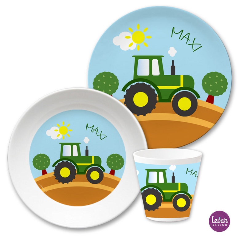 Children's plate personalized with name, children's gift, baptism gift, birth gift, children's tableware BPA free, first birthday tractor image 1