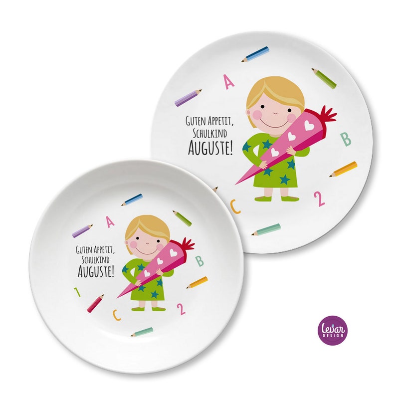 Children's plate BPA free, personalized with name, school enrollment gift, back to school, girl, boy, children's tableware melamine, school child Mädchen grün/blond