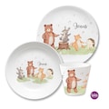 Personalisiertes Kindergeschirr Kinderteller mit Namen, Taufgeschenk, Geschenk Geburt, Geburtstag, Kindergeschirr Set, Waldtiere, Bär, Hase