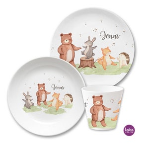 Kinderteller mit Namen, Kindergeschirr, personalisiert, Taufgeschenk, Geschenk Geburt, Geburtstag, Kindergeschirr Set, Waldtiere, Bär, Hase image 1