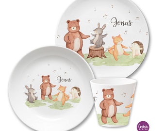 Kindergeschirr Kinderteller mit Namen personalisiert, Taufgeschenk, Geschenk Geburt, Geburtstag, Kindergeschirr Set, Waldtiere, Bär, Hase