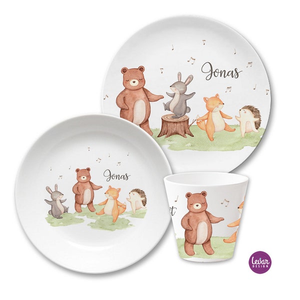 Kinderteller mit Namen, Kindergeschirr, personalisiert, Taufgeschenk, Geschenk Geburt, Geburtstag, Kindergeschirr Set, Waldtiere, Bär, Hase