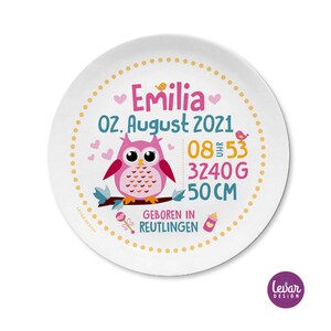 Geburtsteller, Kinderteller, Teller mit Namen personalisiert, Kindergeschirr, Geschenk Geburt, Taufe, Taufgeschirr, Taufgeschenk, BPA frei Eule pink/blau