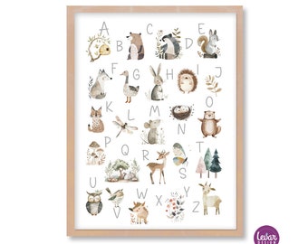 ABC Poster Waldtiere, Alphabet, Kinderposter, Kinderzimmer Poster Geschenk Baby Mädchen Junge Kinderposter Babyzimmer Deko Tierposter A3