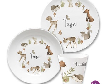 Children's crockery with name, BPA free, personalized children's plate, christening gift, birth gift, children's crockery set melamine, forest animals, name