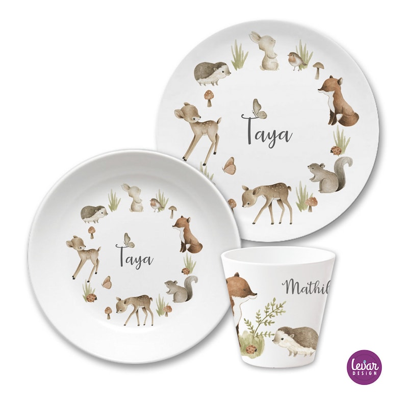 Children's crockery with name, BPA free, personalized children's plate, christening gift, birth gift, children's crockery set melamine, forest animals, name image 1